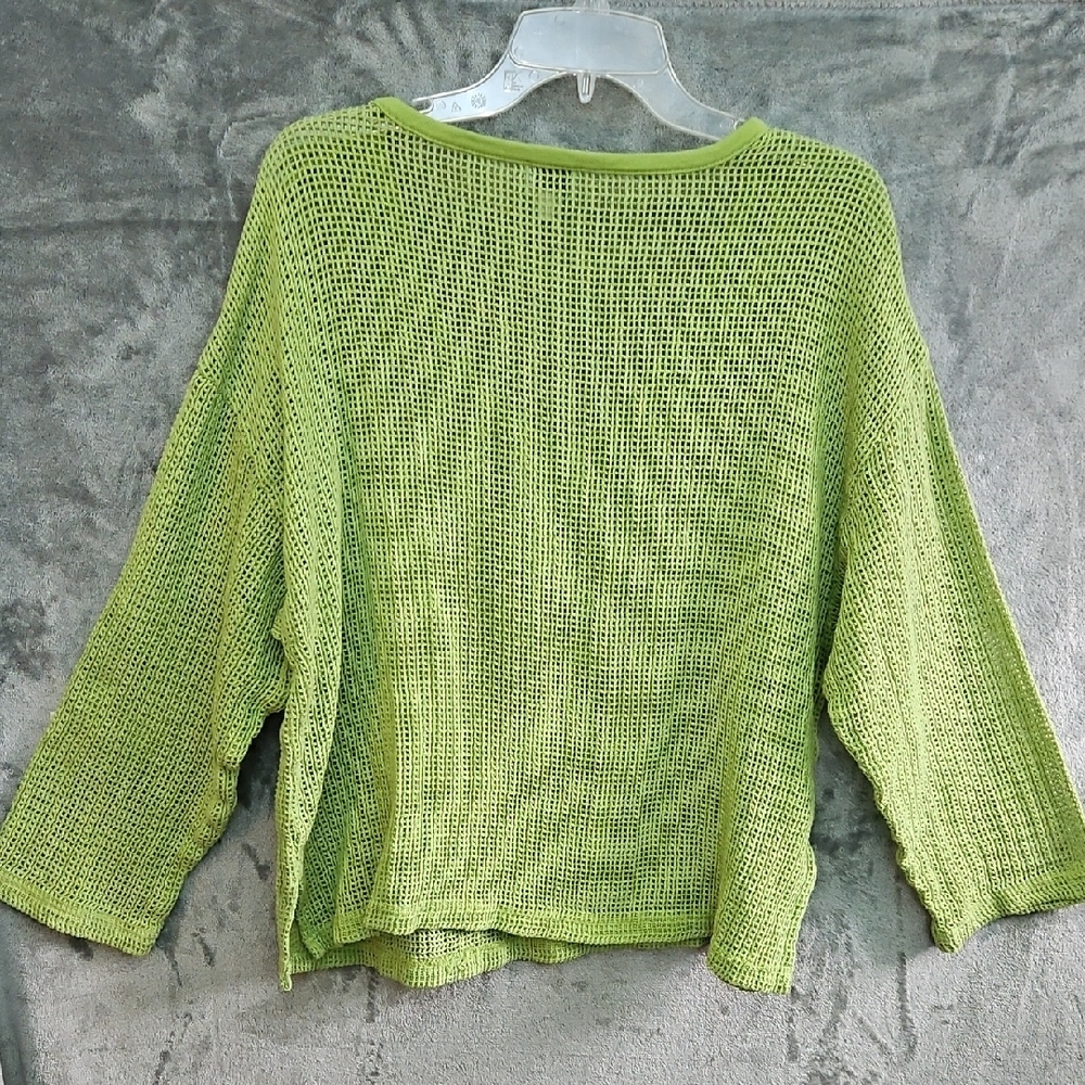 Chico's Sz 3 XL Bright Green V-Neck Sweater Open Weave Cotton Turkey - Picture 7 of 8